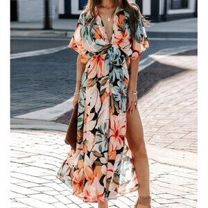 2/$50 NEW XL Summer Floral V-Neck High-Waisted A-Line Maxi Dress Beach Multicolo